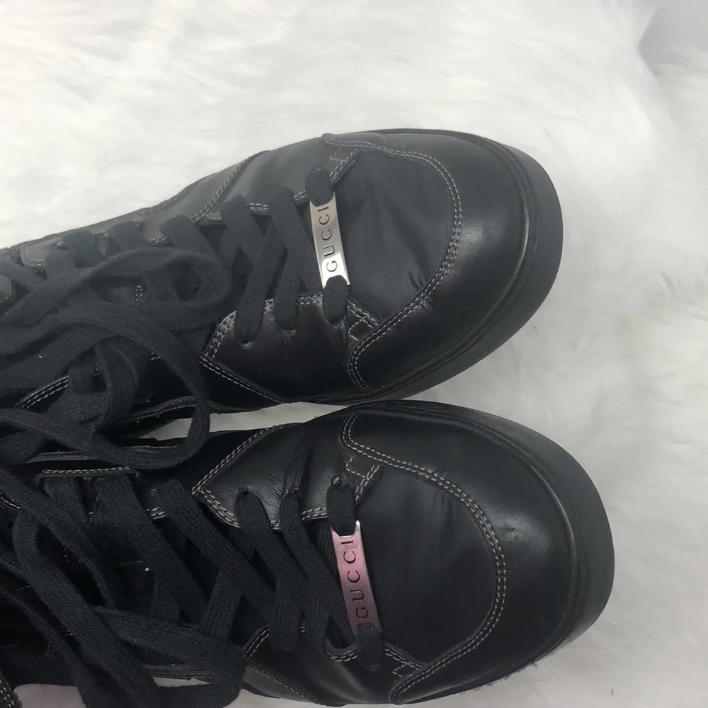 Gucci Leather High Top Strap Sneakers Men’s Size 7G Black Web Trim Italy